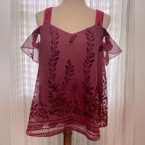 Francesca’s red top, velvet and burnout floral print, ruffle sleeves, size small